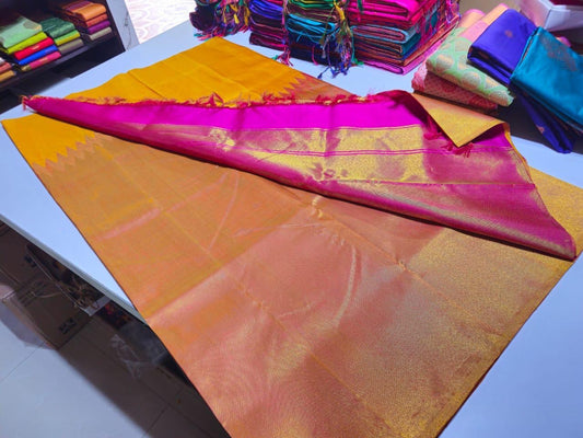 Handloom pure kanjivaram silk saree bridal silk golden color with yellow with pink pure golden jari step over