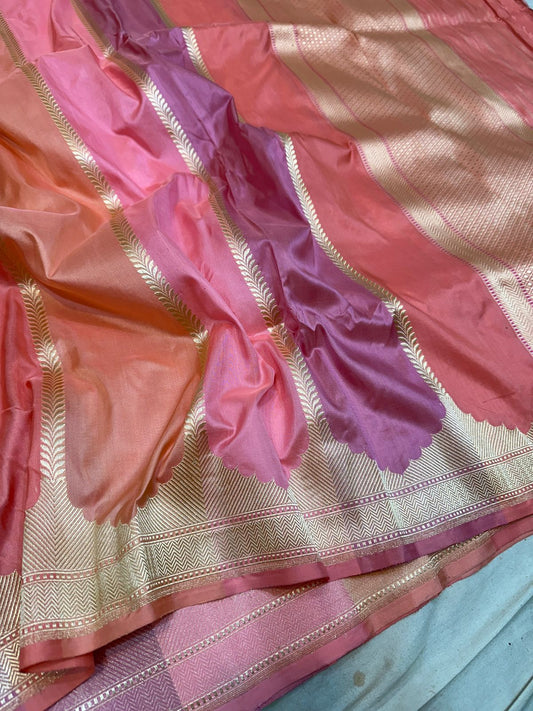 Banaras Kaduva butta saree in pink with orange pastel Color’s