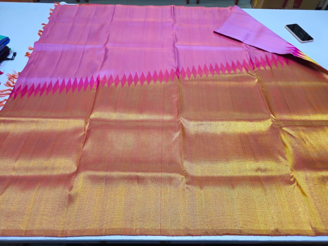 Handloom pure kanjivaram silk saree bridal silk golden color with orange with pink pure golden jari step over
