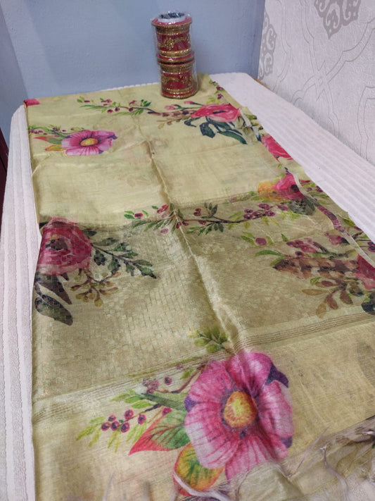 Digital printed pure Tussar Duppatta in purple with cream