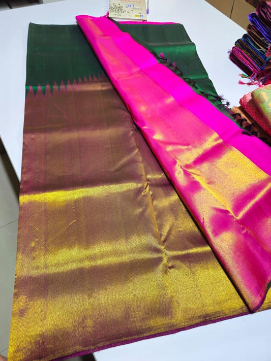 Handloom pure kanjivaram silk saree bridal silk golden color with green with pink pure golden jari step over