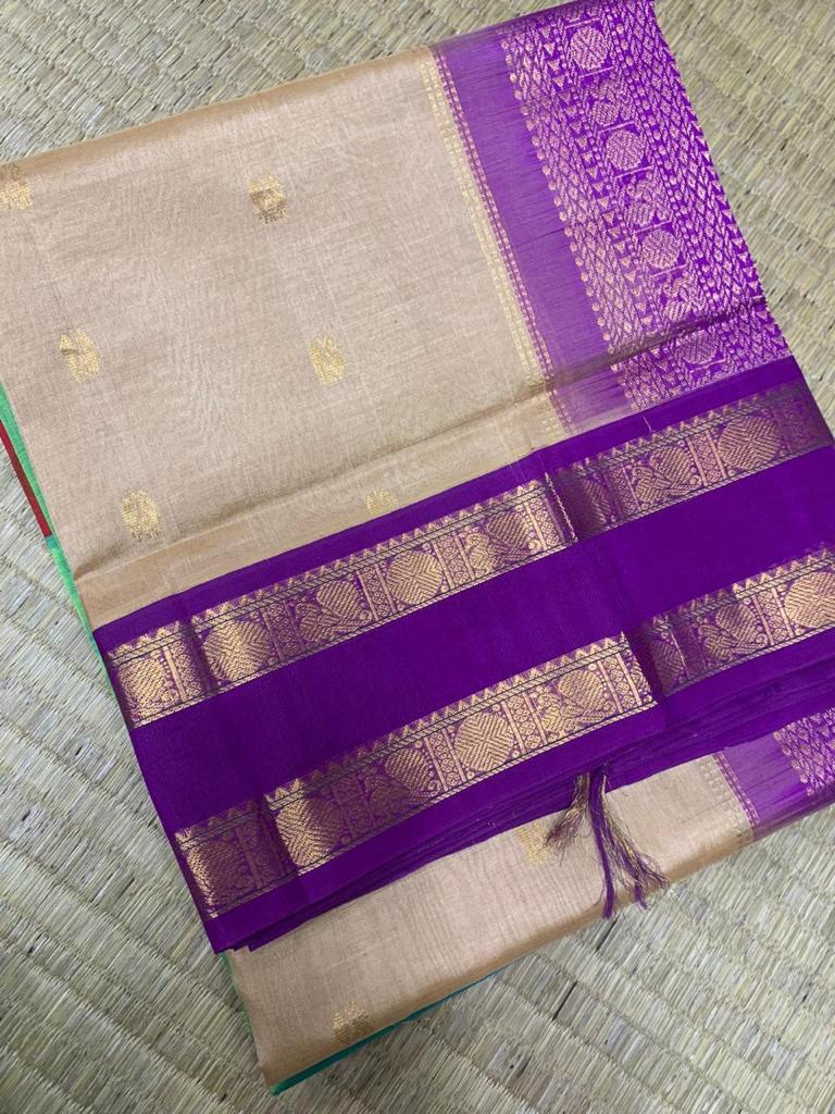 Korvai handloom silk cotton Saree in cream with violet rettaipet border