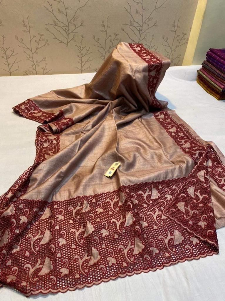 Tussar silk cut work Tussar silk cut work embroidery saree in biscuit and brown colour