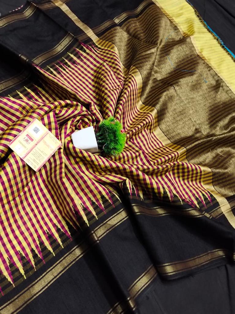 Tussar sill check Chhattisgarh pure desi tussar silk Saree in black with red and yellow