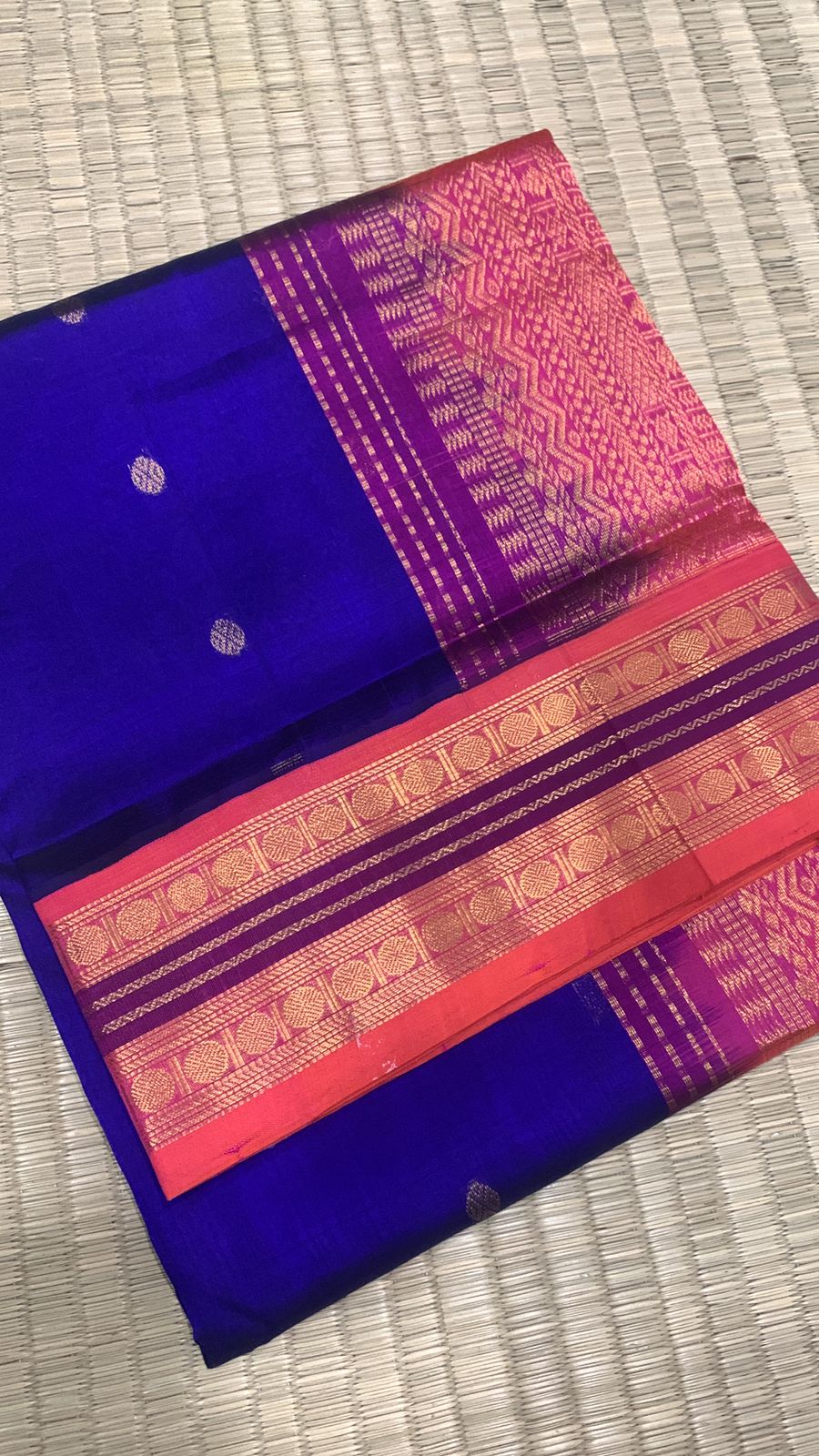 Korvai handloom silk cotton Saree in purple border with ms blue with peach