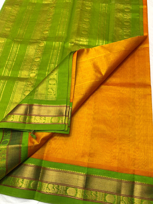 handloom korvai silk cotton Saree flushing green with orange saree vairaoosi