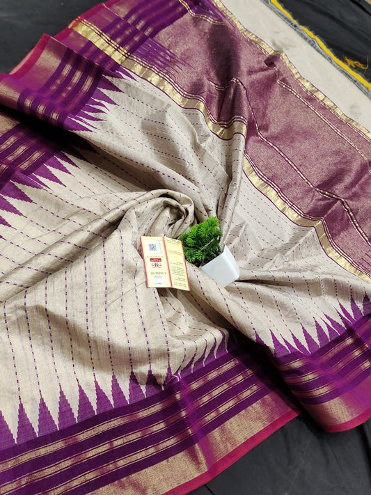 Raw silk Chhattisgarh silk Saree in cream with purple kovi border