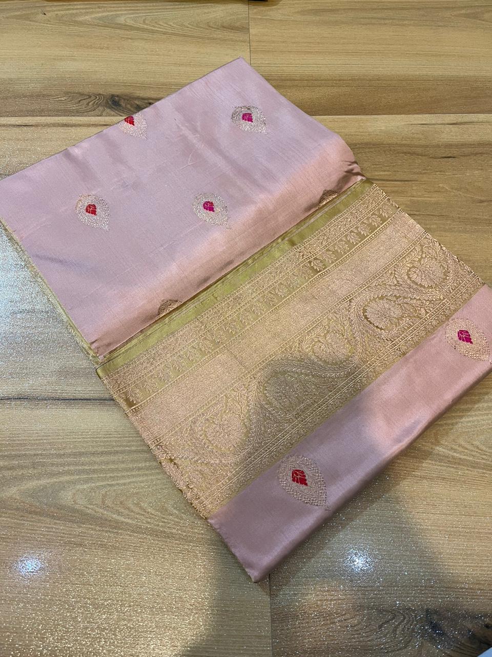 Katan Banaras Kaduva butta saree in baby pink with meenakari