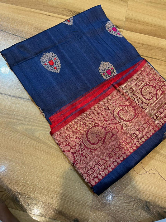 Tussar Banaras Kaduva butta saree in navy with red with meenakari