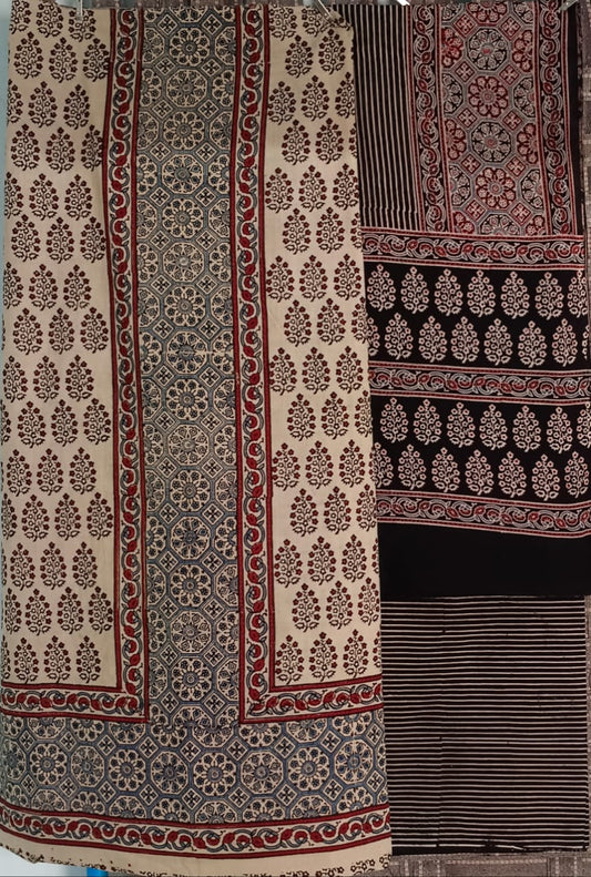 Ajrak suit two piece cotton material in cream and red and black combo 3 traditional block and authentic