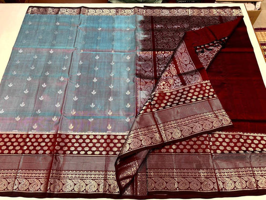 Mangalgiri silk Patti Saree powder blue and maroon border