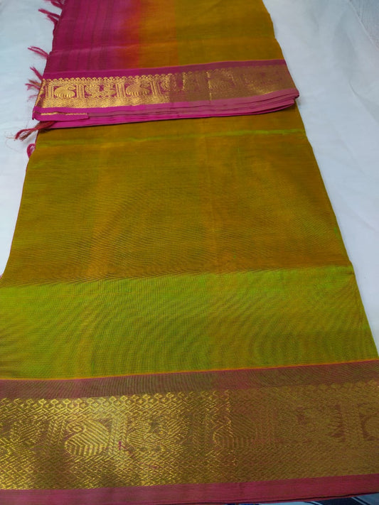 Vairaoosi silk cotton Saree flushing green with pink saree vairaoosi