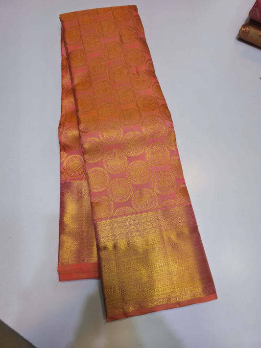 Handloom pure kanjivaram silk saree bridal silk golden color with orange chakaram butte pure golden jari all over jall