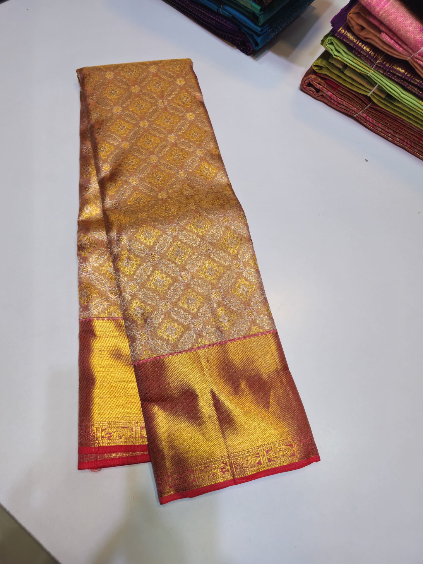 Handloom pure kanjivaram silk saree bridal silk golden color with orange with pure silver jari all over