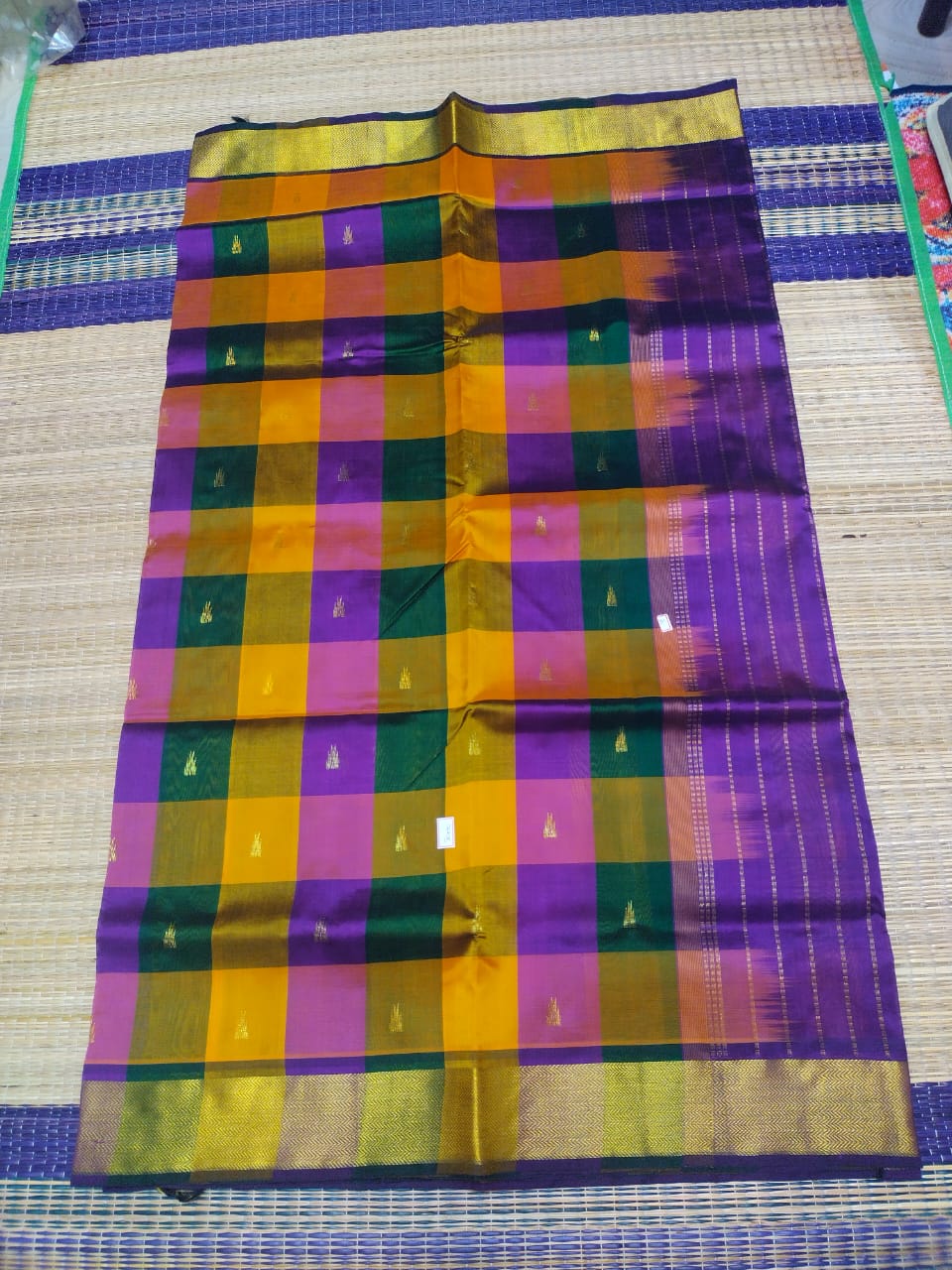 Pure silk cotton Saree with checked palum palamum pattern in multiple colors with purple pallu