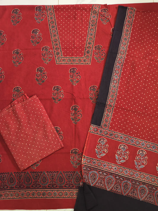 Ajrak suit three pieces cotton material in cream and red and black combo 2 traditional block and authentic