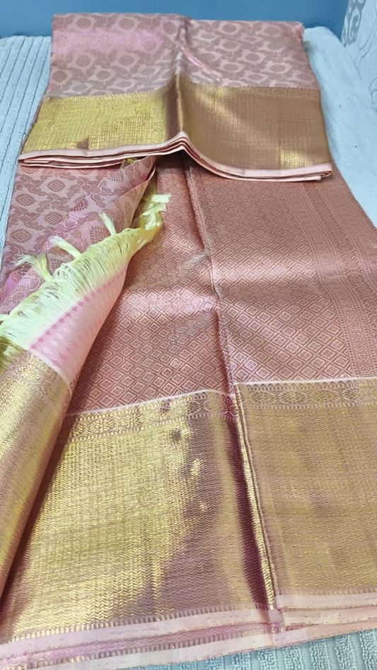 Pure kanjivaram silk saree bridal silk pink color with pure golden jari all over pink