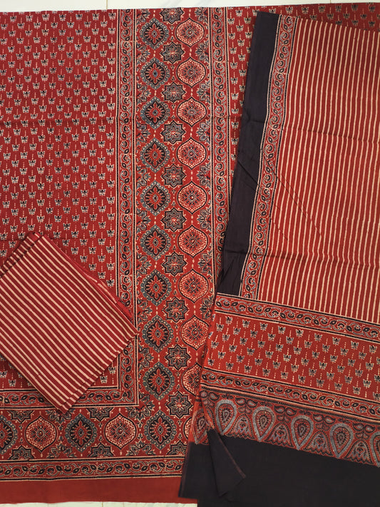 Ajrak suit three pieces cotton material in cream and red and black combo 2 traditional block and authentic