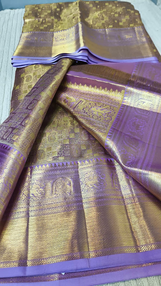 Handloom pure kanjivaram silk saree bridal silk golden color with tissue all over pure golden jari all over violet border