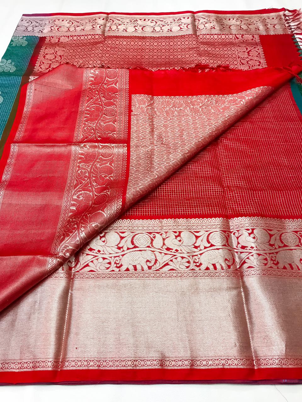 Venkatagiri handloom silk Saree in kalanji work with green and cherry red