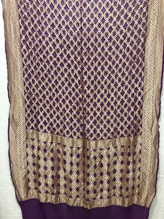 Handwoven khaddi Pure Banarasi Georget chiffon with bandani work jaldar weaving silk sarees purple all over weaving