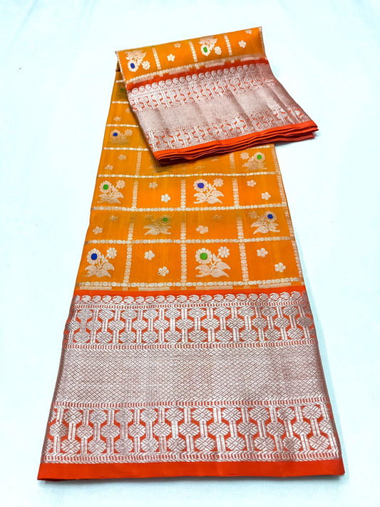 Venkatagiri handloom silk Saree in double tone mango yellow with sunset orange
