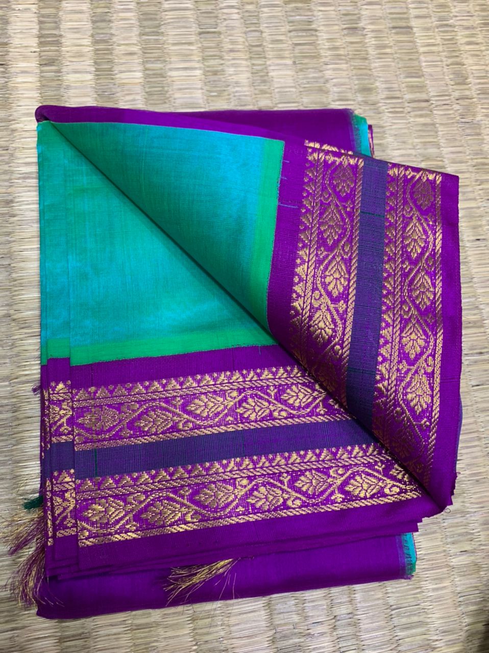Korvai handloom silk cotton Saree korvai border in sea green with purple border
