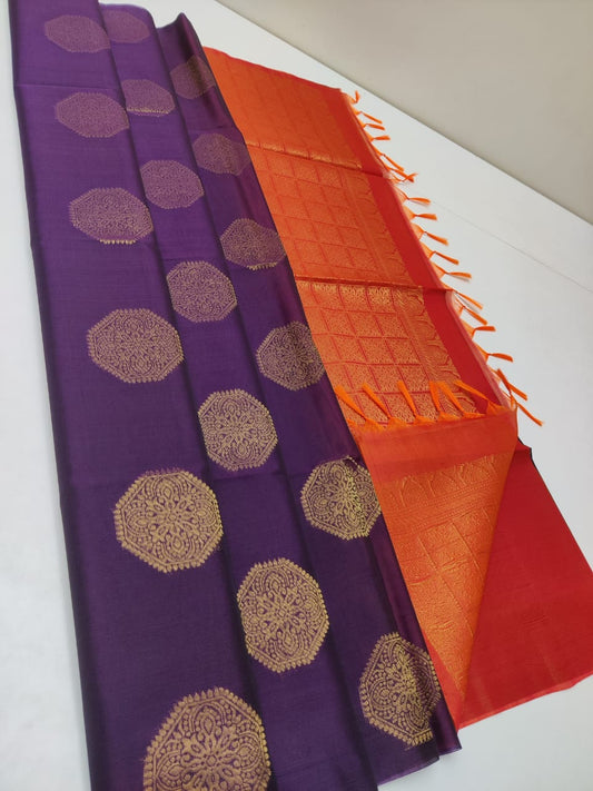 Cotton silk pure borderless in purple body color with golden butti