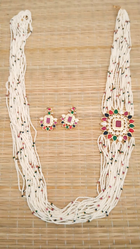 Jewellery white Crystal beads in Layers with navaratna style pendant and earrings necklace with earrings