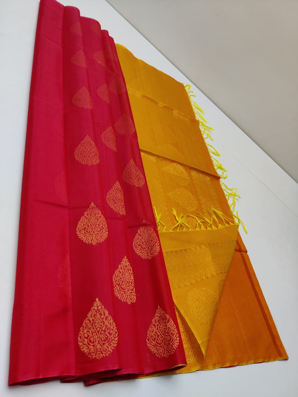 Cotton silk pure borderless in red with Golden yellow color and golden butti