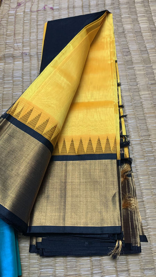 Korvai handloom silk cotton Saree double side kovi border in yellow with black