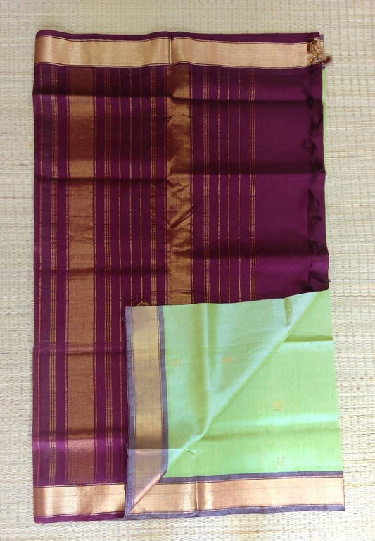 Silk cotton handloom Saree in pastal green with maroon border and golden butti