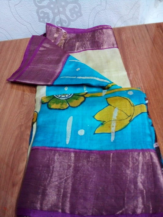 Pure Zari tussar silk saree silk in kalamkari hand painted in cream Color with blue color lotus and fish story