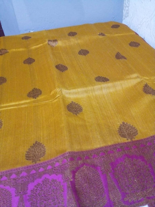 Tussar Banarasi yellow with pink color elegant saree