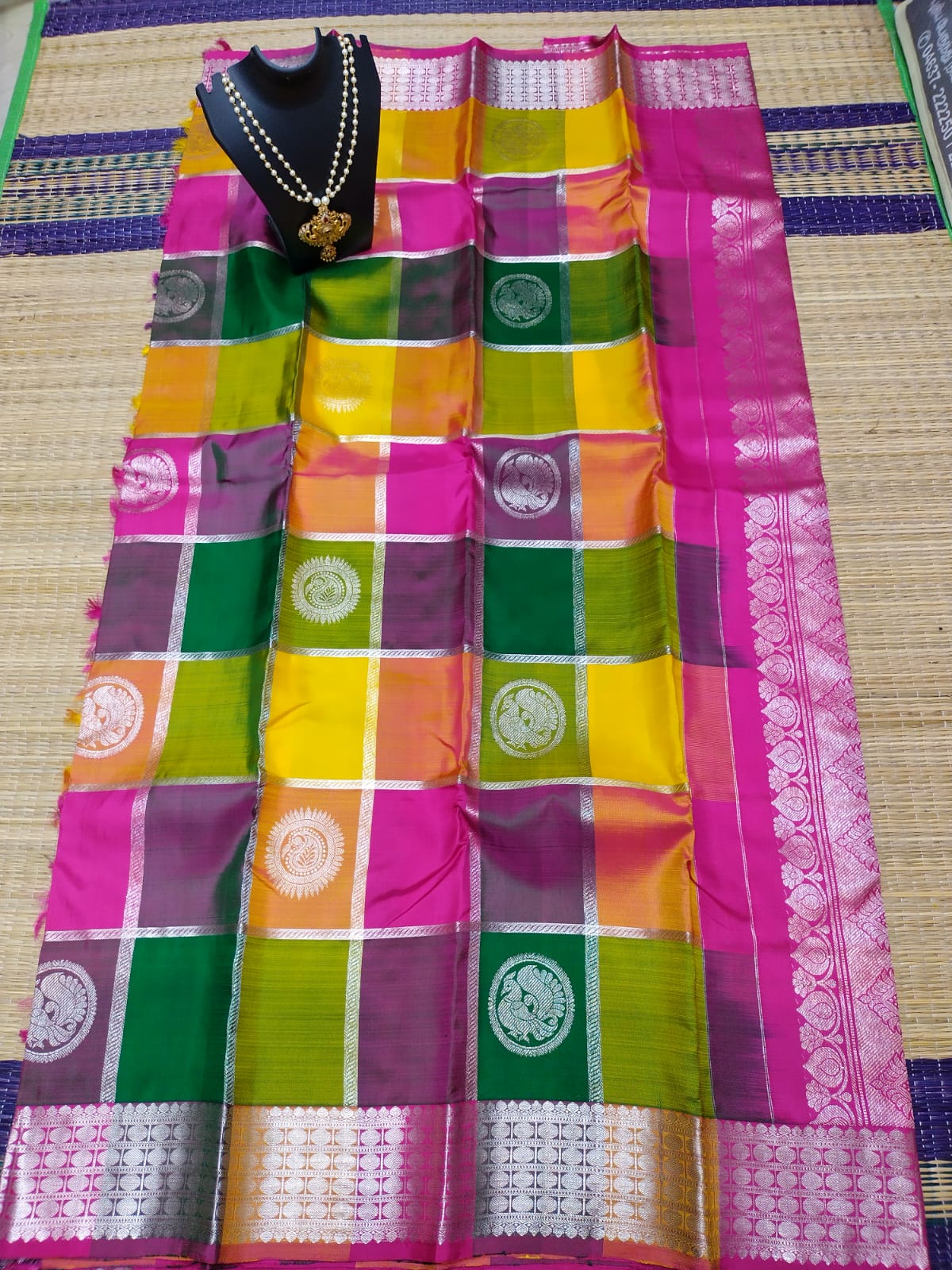 Handloom pure kanjivaram silk saree bridal silk multi colour pure silver jari all over