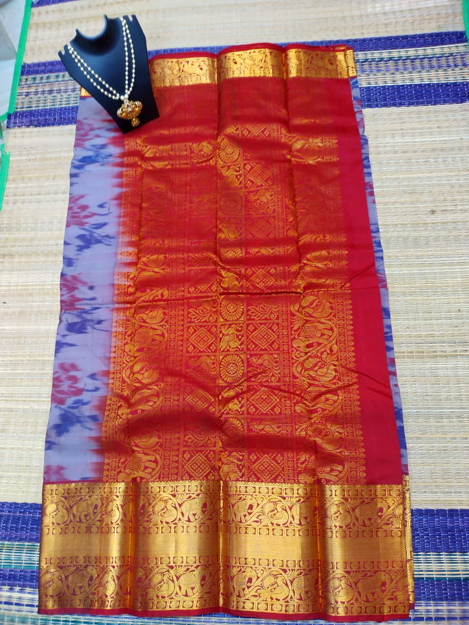 Kanjivaram softsilk saree in gray with maroon pochampalli double warp with silver jari
