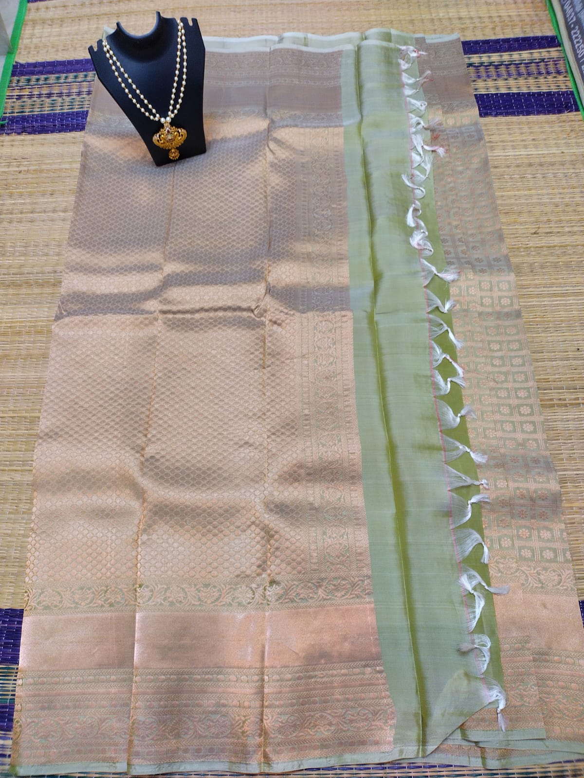 Kanjivaram softsilk saree bridal silk olive colour pure silver jari all over