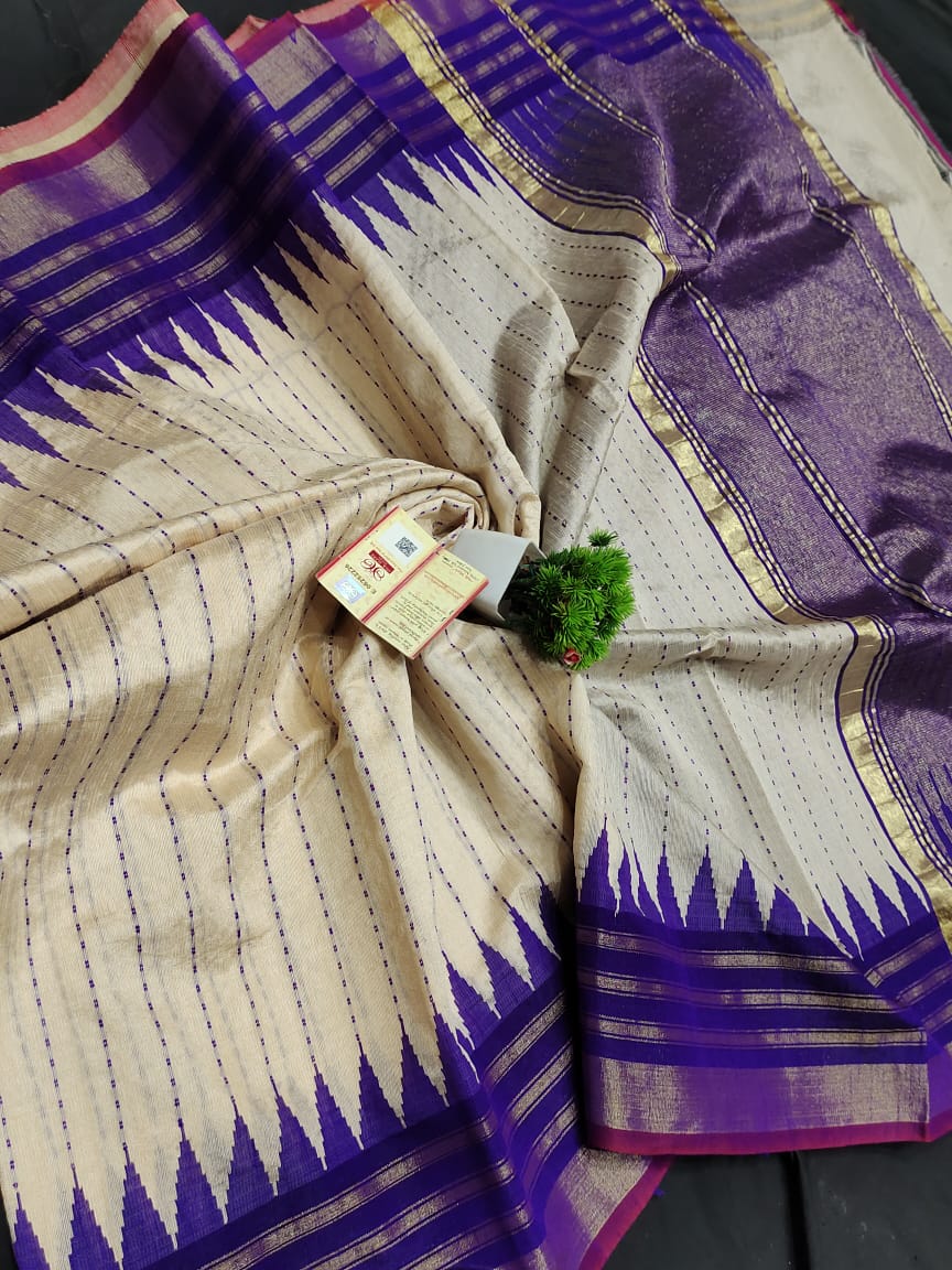 Raw silk Chhattisgarh silk Saree in cream with royal blue kovi border