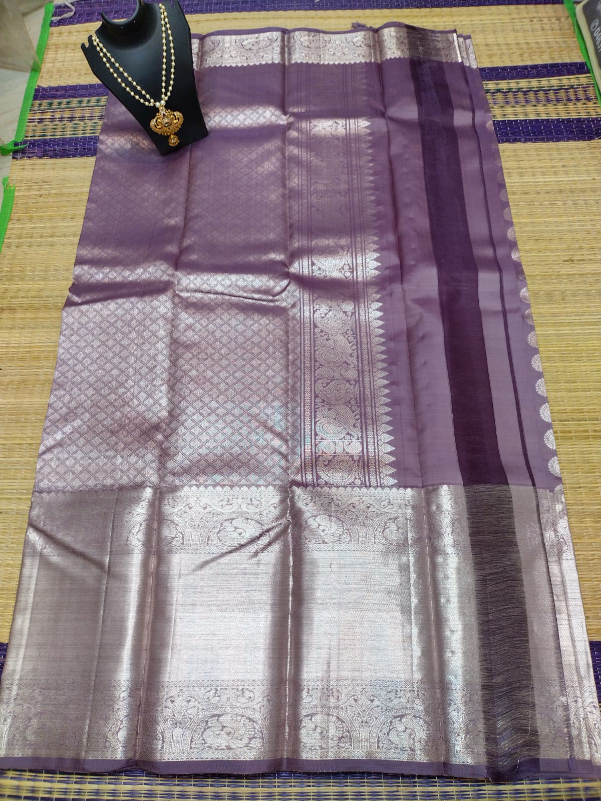 Handloom pure kanjivaram silk saree bridal silk gray with pure silver jari all over