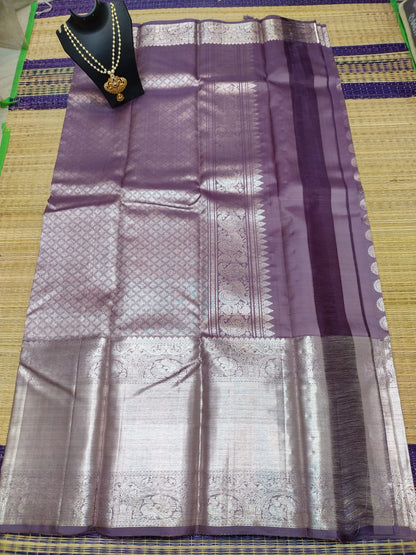 Handloom pure kanjivaram silk saree bridal silk gray with pure silver jari all over