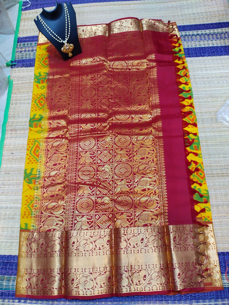 Kanjivaram softsilk saree in yellow with maroon pochampalli double warp with silver jari