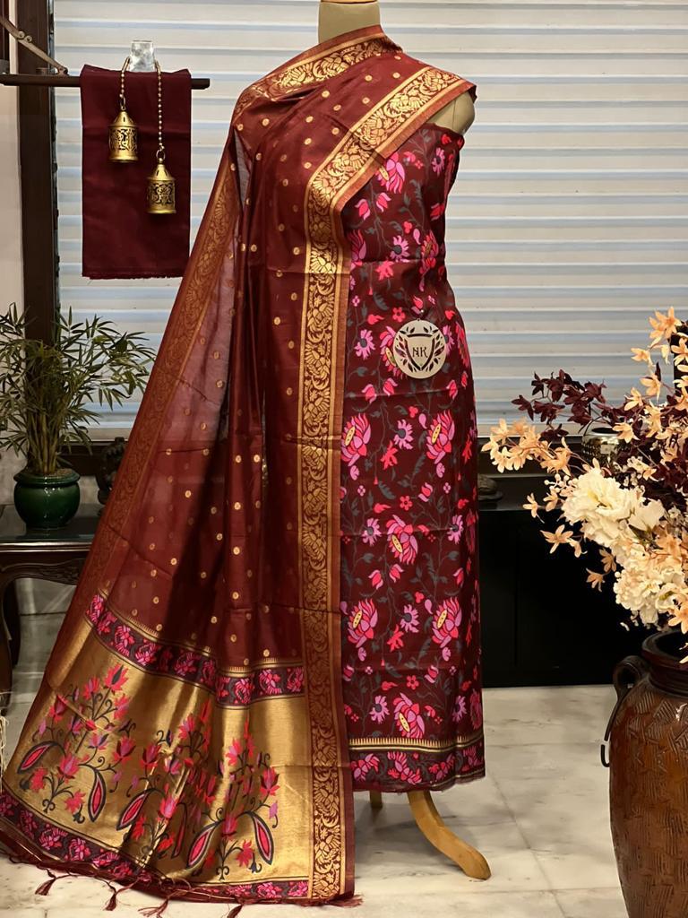 Banarasi suite material in maroon color