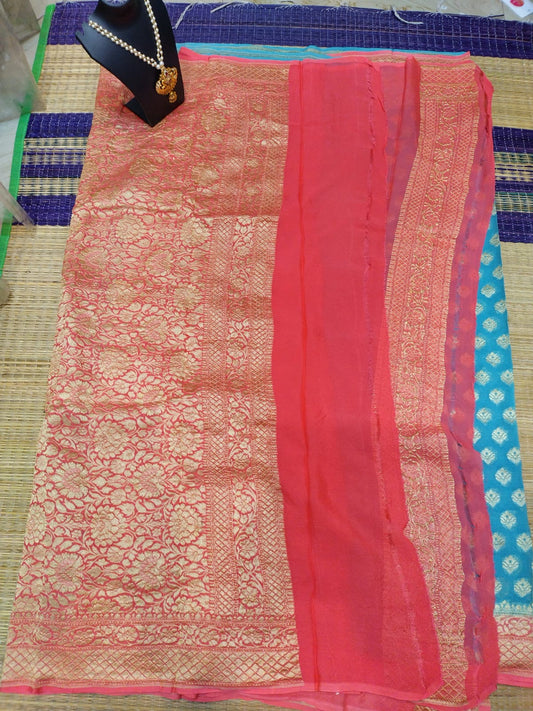 Handwoven khaddi Pure Banarasi Georget chiffon with all over butties and in pastel blue