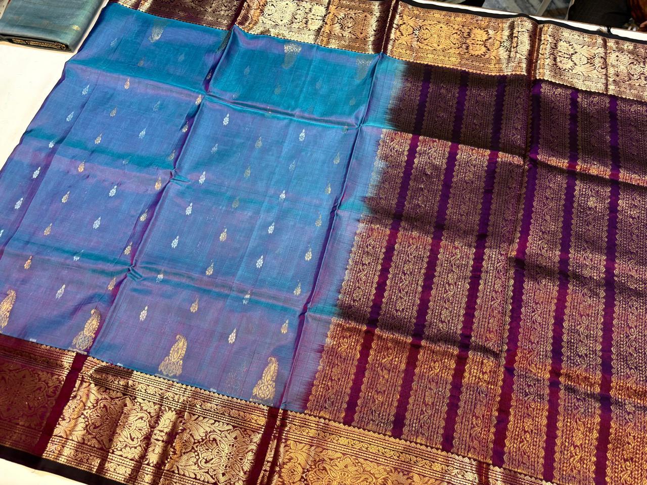 Mangalgiri silk Saree or Mangalagiri pure Pattu Saree blue with navy border