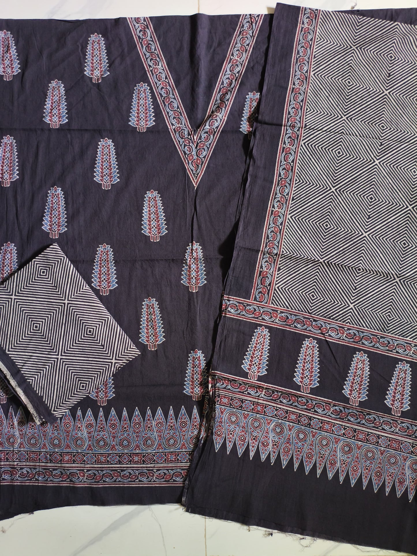 Ajrak suit two piece cotton material in cream and red and black combo 3 traditional block and authentic with taj cotton