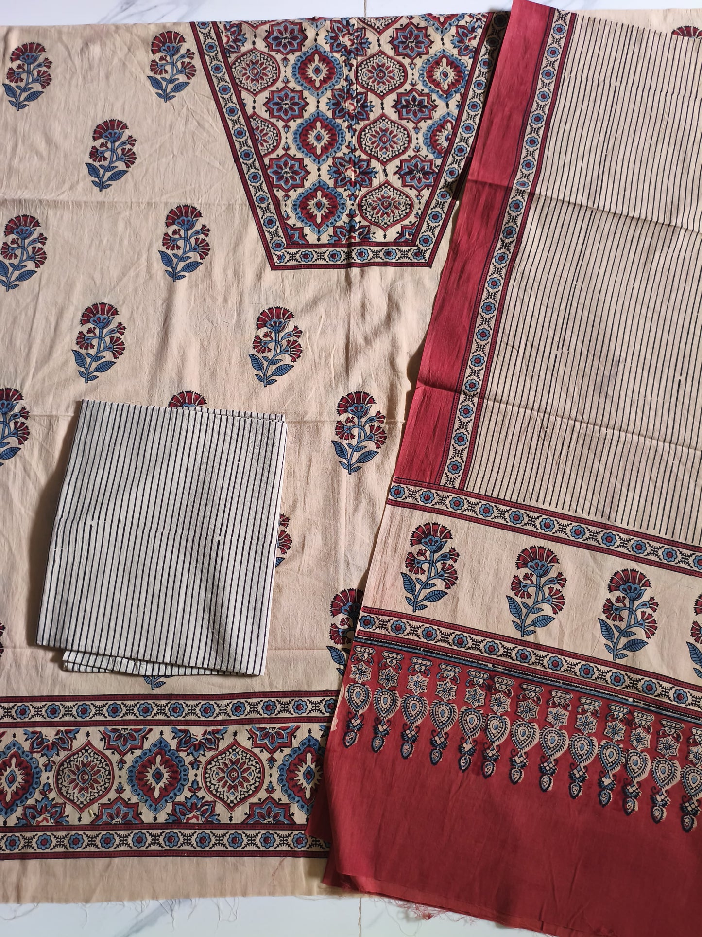 Ajrak suit three pieces cotton material in cream and red and black combo 2 traditional block and authentic