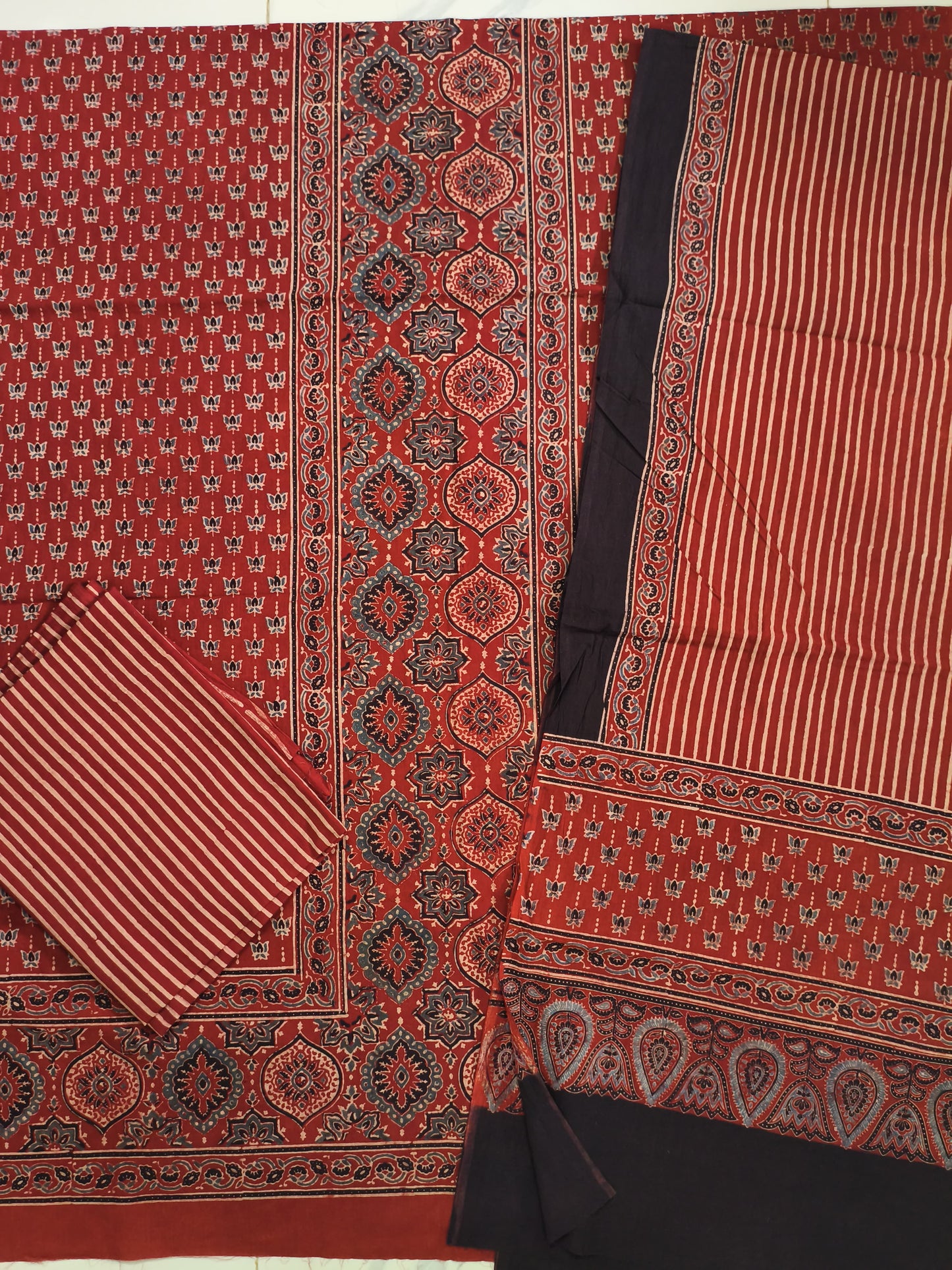 Ajrak suit three pieces cotton material in cream and red and black combo 2 traditional block and authentic