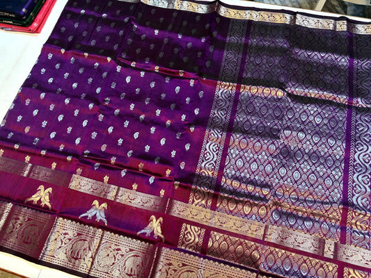 Mangalgiri silk Saree or Mangalagiri pure Pattu Saree purple border bird motive in single colour