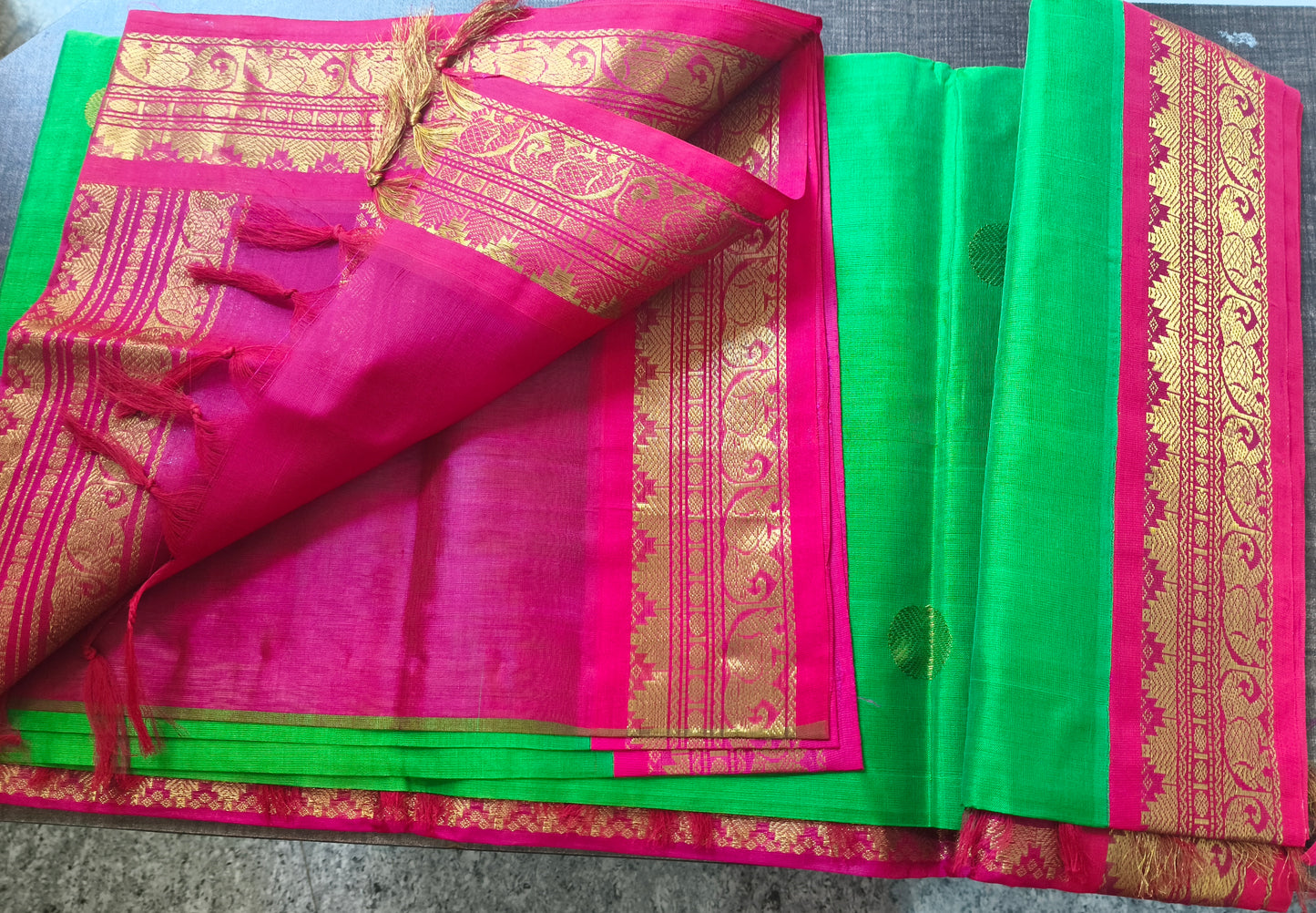 Korvai silk cotton Saree shocking pink with green body elephant butta
