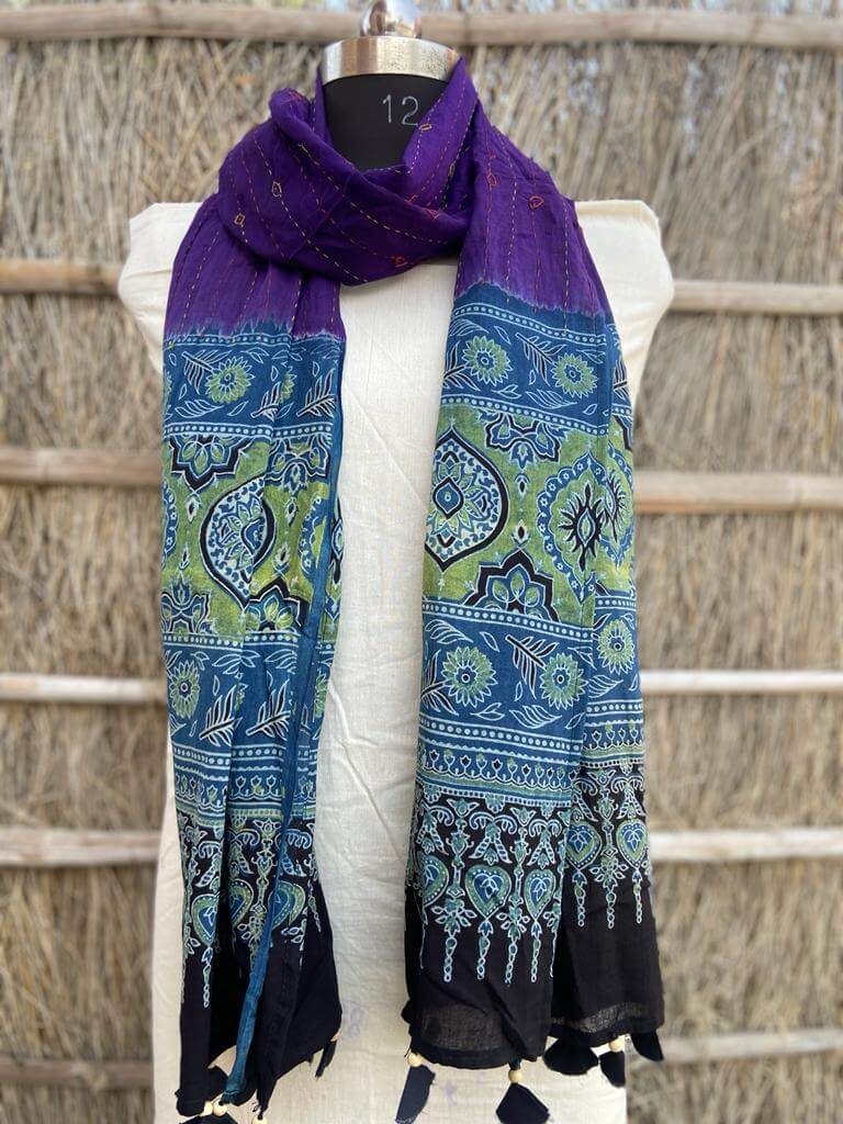 Ajrakh natural dyed pure cotton kantha stitch stole 2.1 metres violet